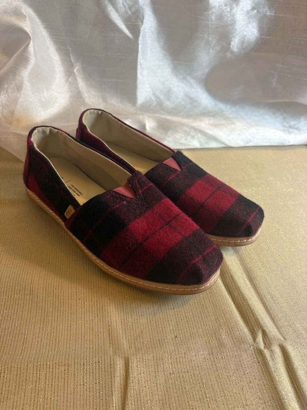 TOMS Women's Red and Black Buffalo Plaid Alpargata Slip-On Flats